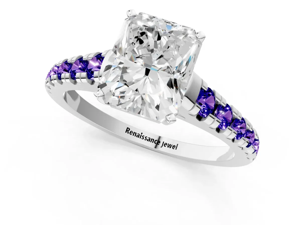 Radiant Cut Diamond Cathedral Solitaire Ring with Round Tanzanite Pavé Band Silver