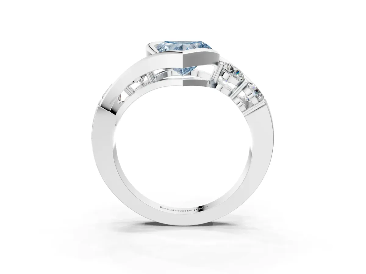 Fancy Blue Bezel Set Heart Cut Diamond Bypass Ring with Round Accents Platinum