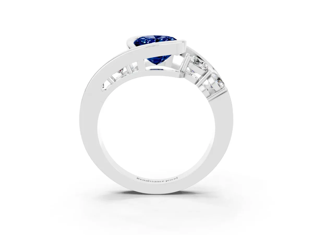 Bezel Set Oval Cut Blue Sapphire Bypass Ring with Round Accents Silver