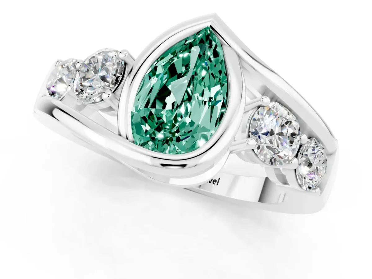 Bezel Set Pear Cut Green Sapphire Bypass Ring with Round Accents Silver