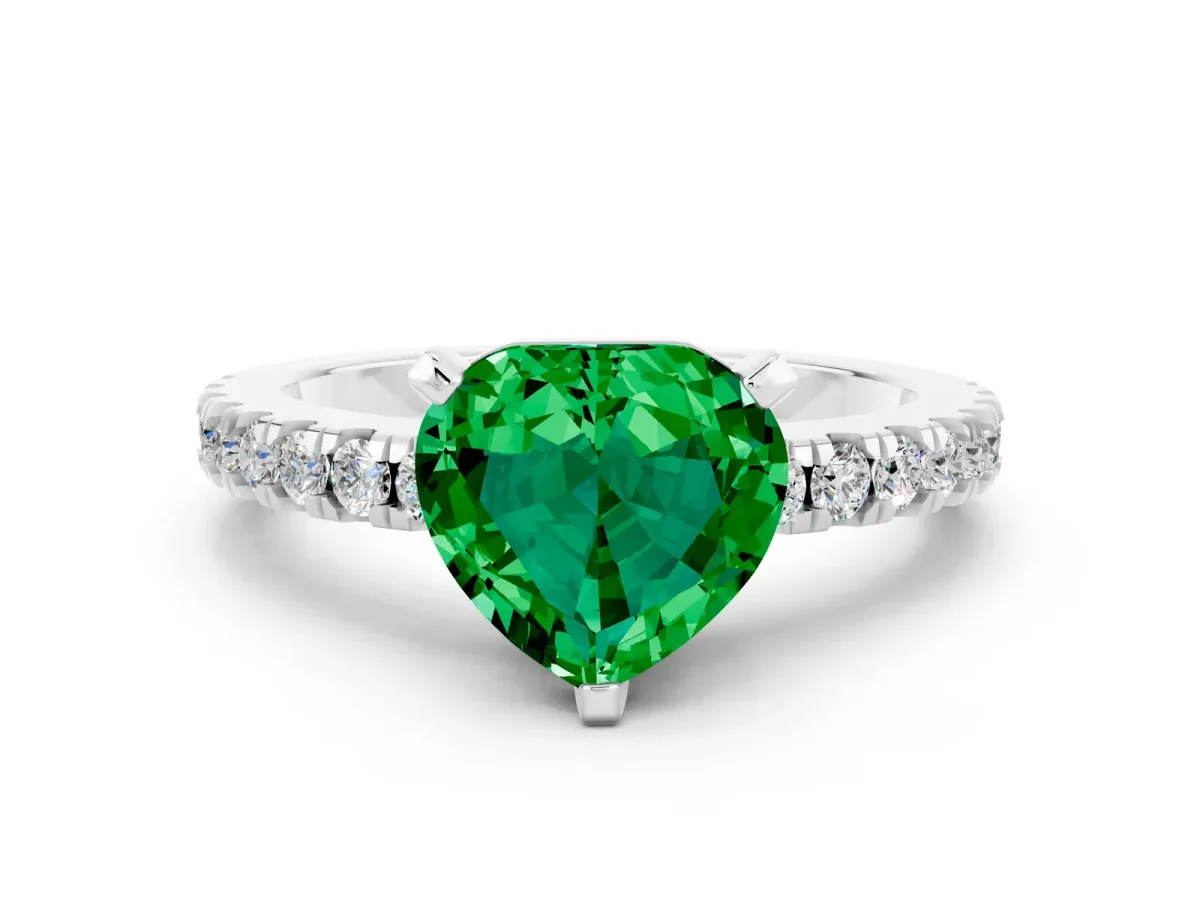 Heart Cut Solitaire Emerald with Pavé Band and Four-Prong Setting Silver