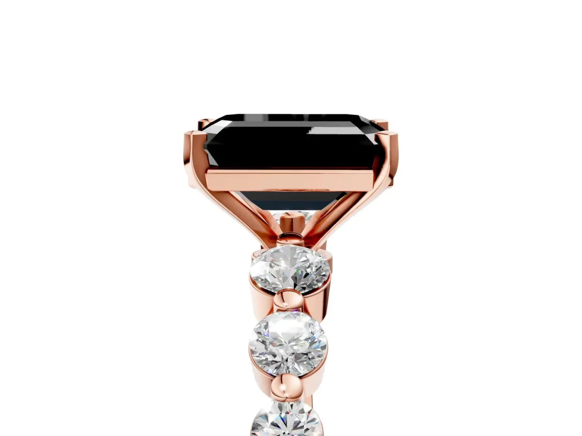 Fancy Black Emerald Cut Solitaire Diamond Ring with Pave Band and Four-Prong Setting Rose gold