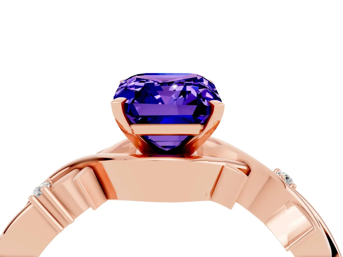 Emerald Cut Tanzanite Solitaire Ring with Twisted Band and Prong Setting Rose gold