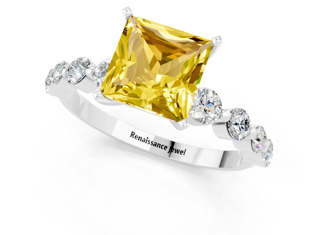 Princess Cut Solitaire Yellow Sapphire Ring with Pave Band and Four-Prong Setting Silver