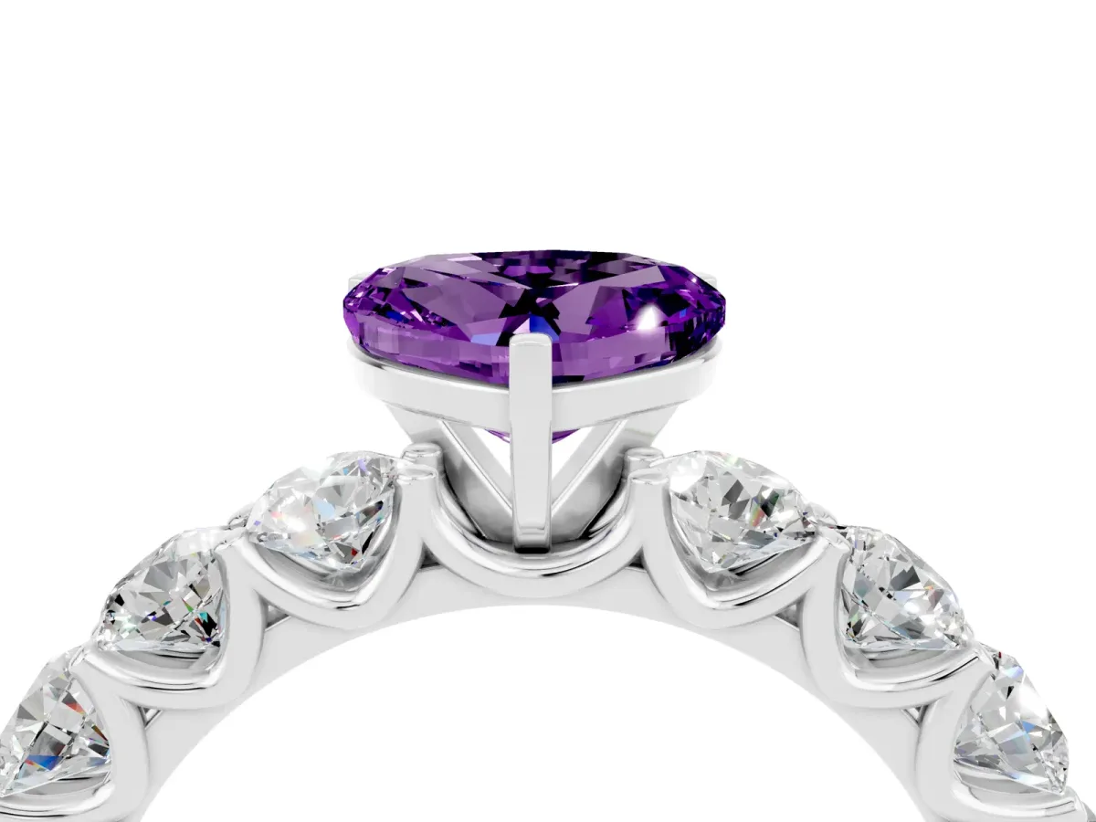 Heart Cut Amethyst Prong Setting with Side Stones on a Pave Band Platinum