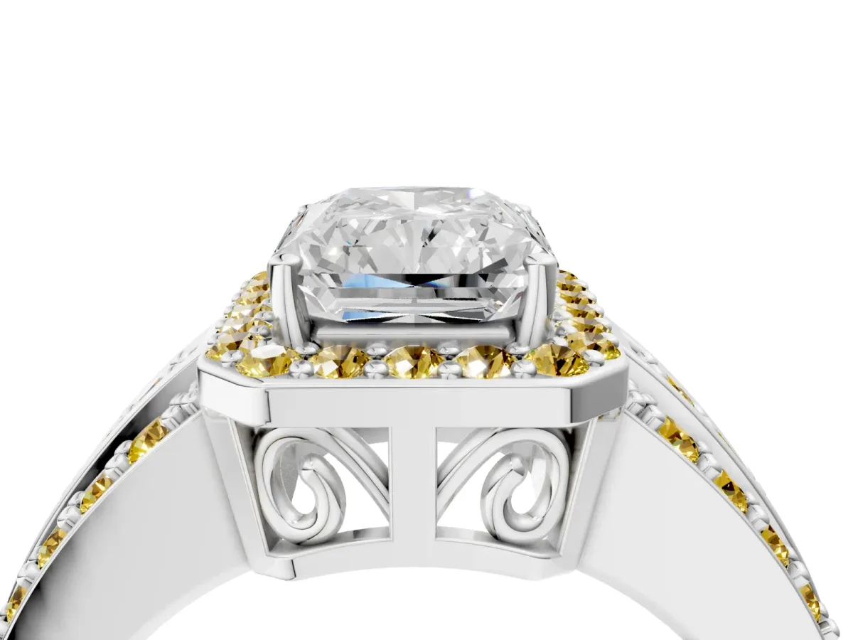 Radiant Cut Halo Diamond Ring with Round Yellow Sapphire Split Shank and Prong Setting Silver