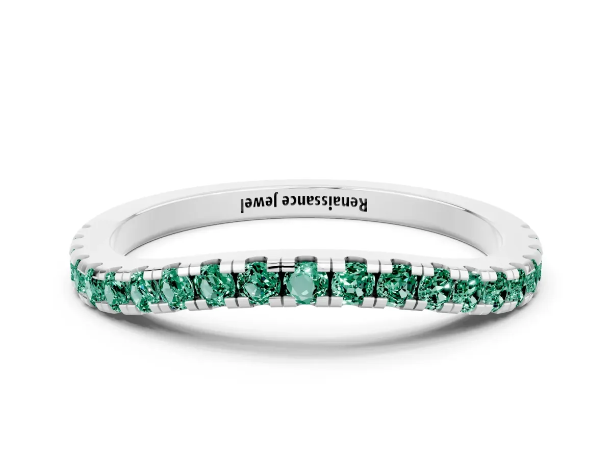 Round Green Sapphire Pavé Half Eternity Band with Shared Prong Setting White gold
