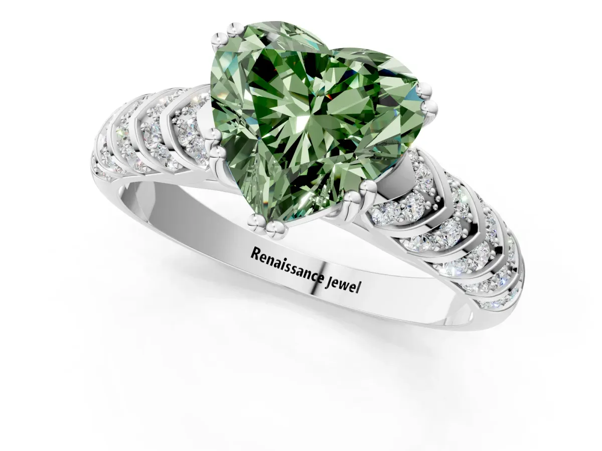 Fancy Green Heart Cut Solitaire Chevron Pave Diamond Engagement Ring with Six-Prong Setting Platinum