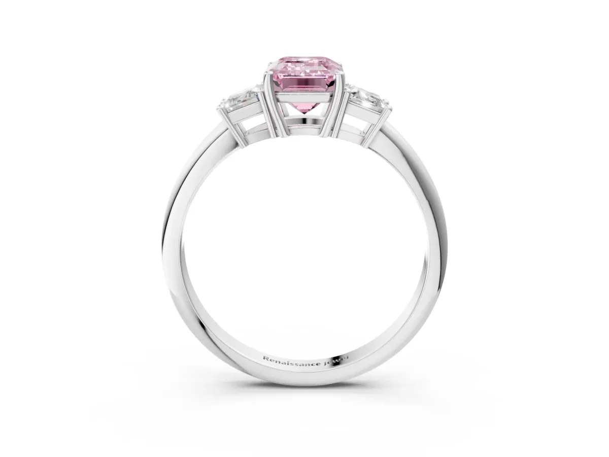 Fancy Pink Emerald Cut Diamond Three-Stone Ring with Trapezoid Side Stones and Prong Setting Silver