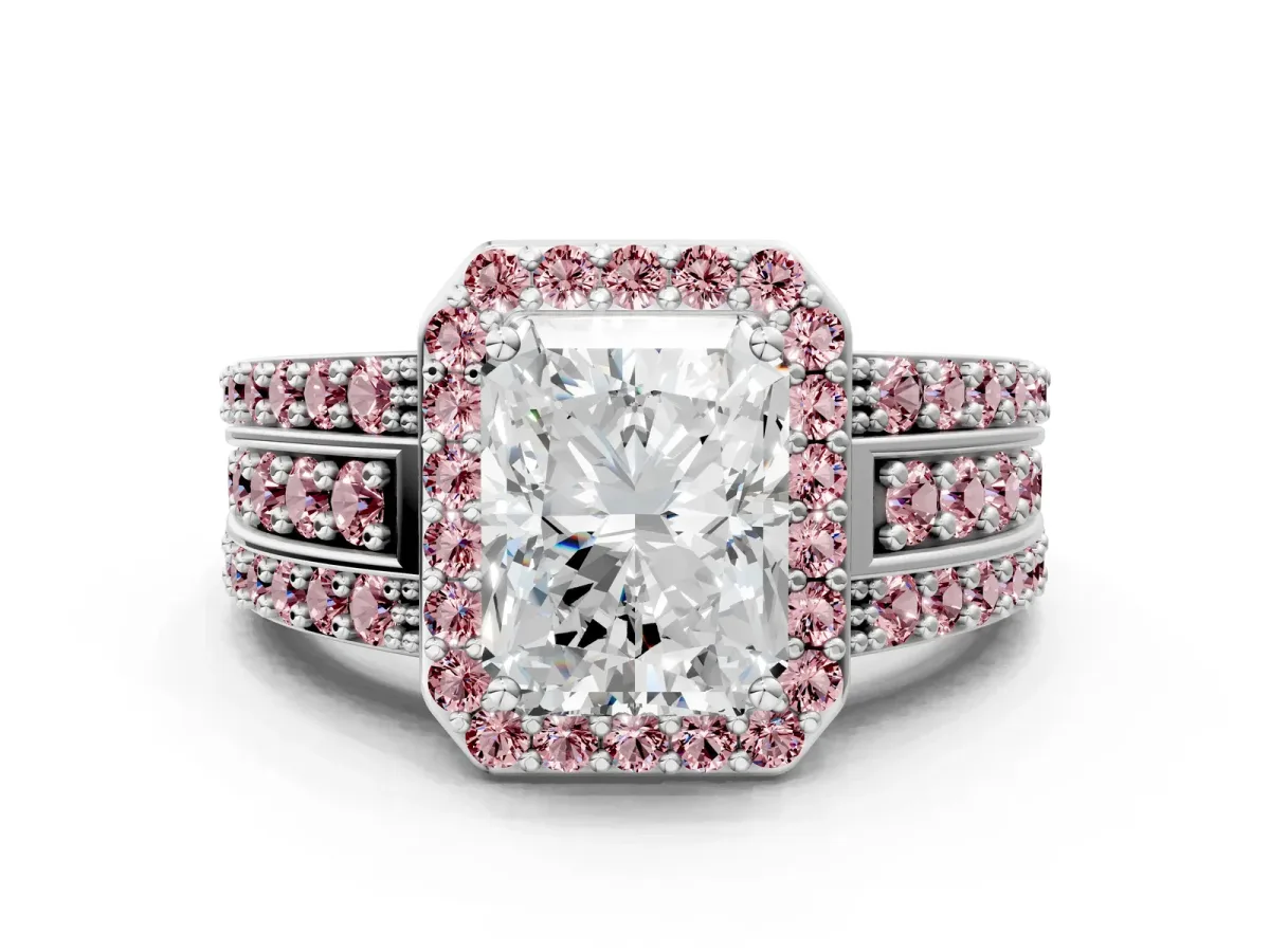 Radiant Cut Halo Diamond Ring with Round Morganite Split Shank and Prong Setting Silver
