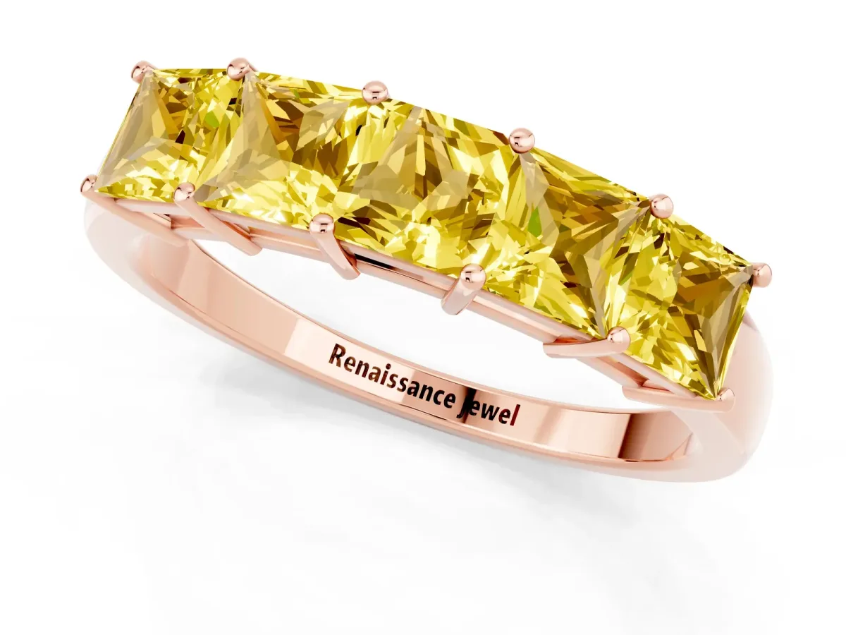 Princess Cut Five-Stone Yellow Sapphire Band with Prong Setting Rose gold