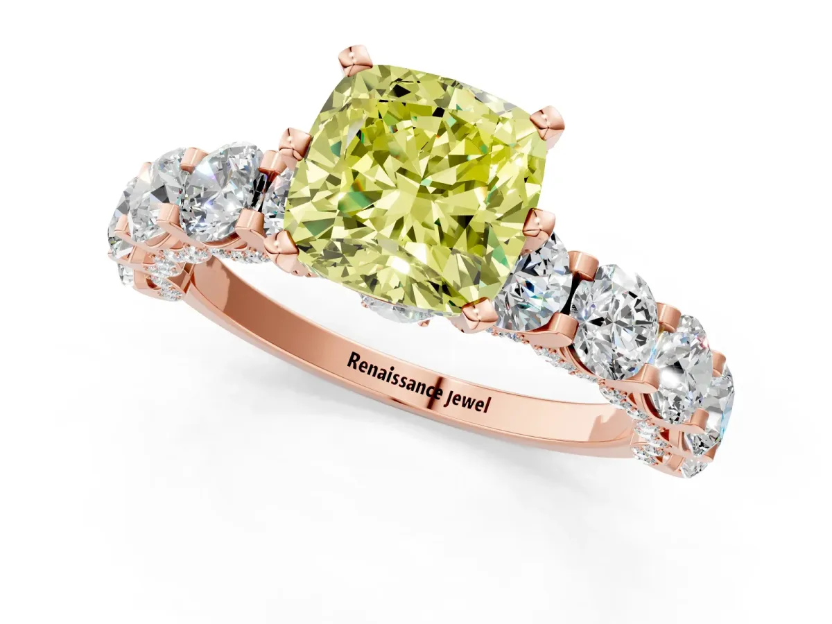 Fancy Yellow Cushion Cut Diamond Side Stone Engagement Ring with Four-Prong Setting Rose gold