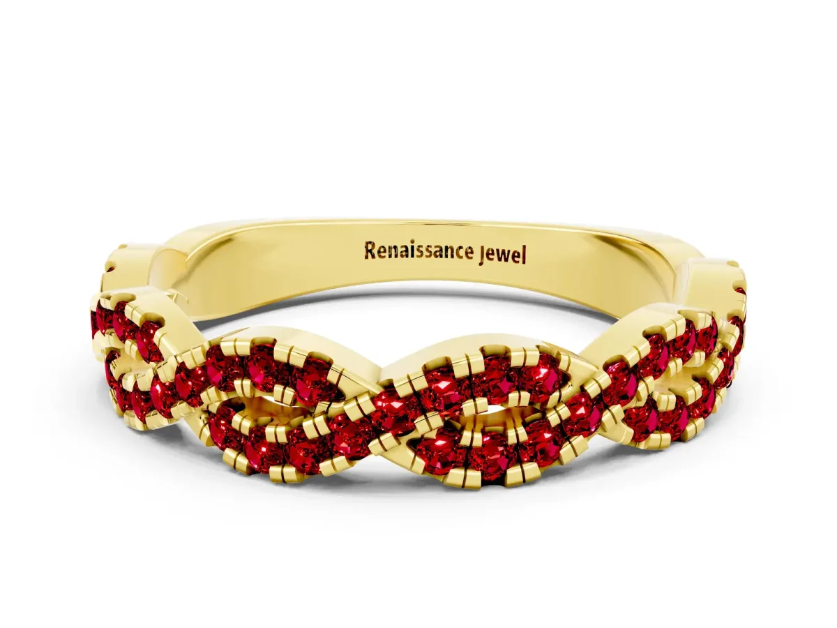 Round Ruby Twisted Eternity Band with Pavé and Shared Prong Setting Yellow gold