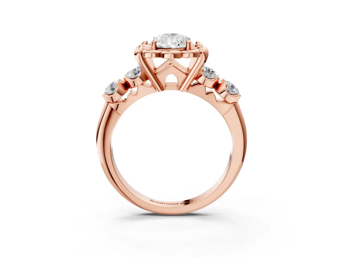 Pear Cut Cut Diamond Floral Halo Engagement Ring with Shared Prong Setting Rose gold