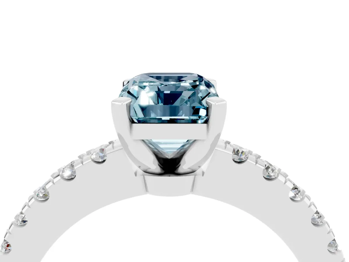 Emerald Cut Solitaire Aquamarine with Pavé Band and Four-Prong Setting Silver
