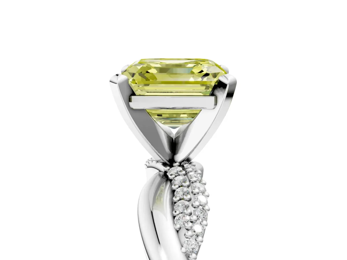 Fancy Yellow Asscher Cut Solitaire Twist Band with Pave Prong Setting Platinum