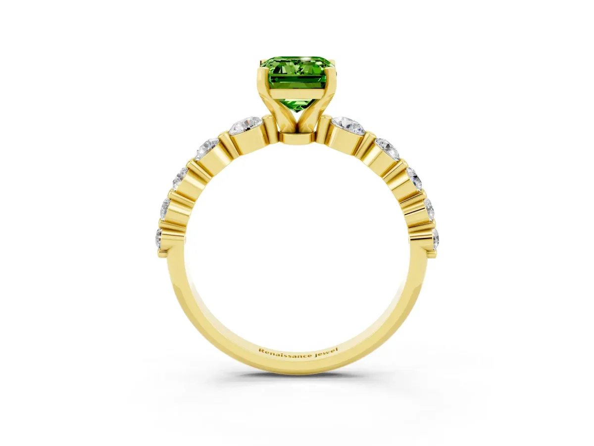 Emerald Cut Solitaire Peridot Ring with Pave Band and Four-Prong Setting Yellow gold