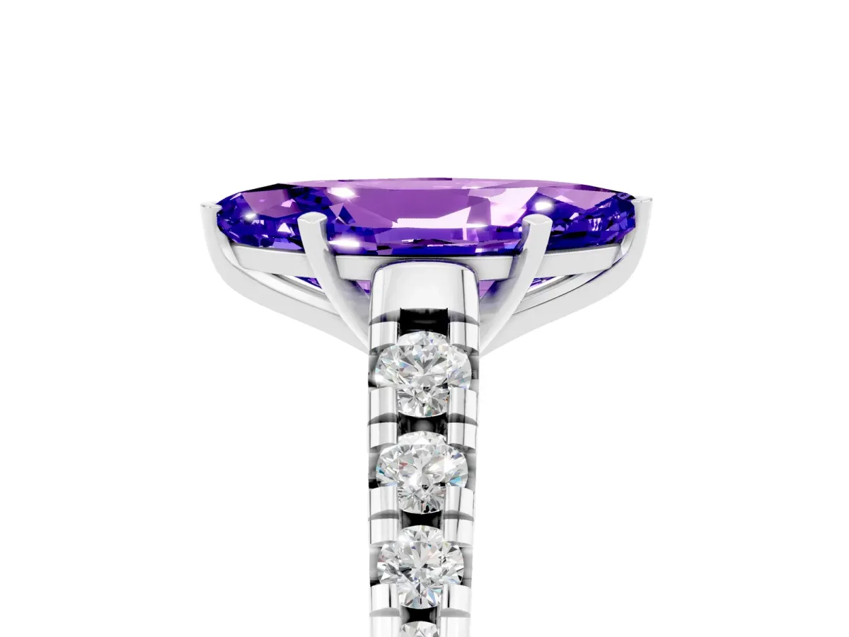 Marquise Cut Tanzanite Cathedral Solitaire Ring with Round Pavé Band Silver