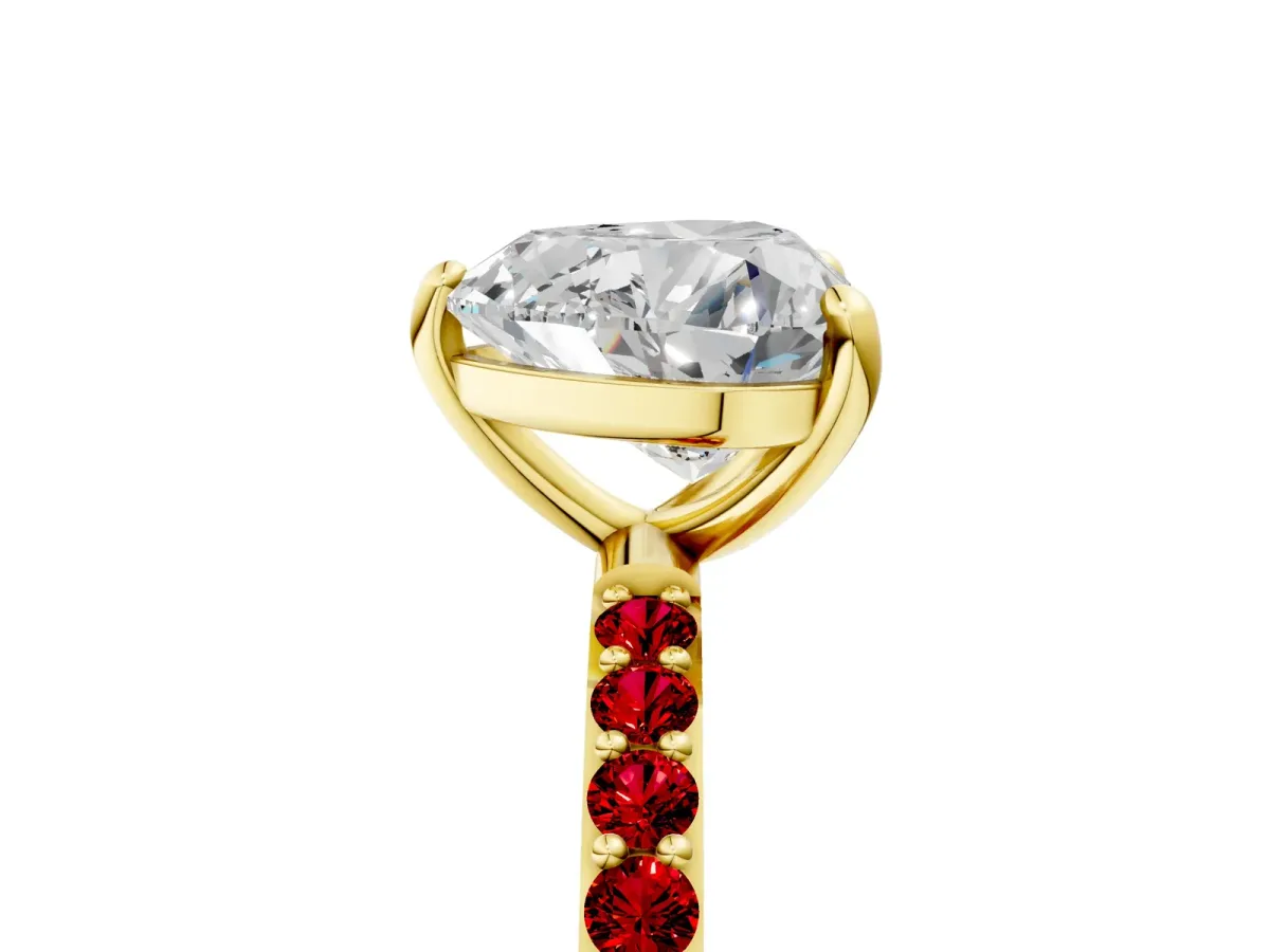 Heart Cut Diamond Solitaire Ring with Round Ruby Pavé Band and Prong Setting Yellow gold
