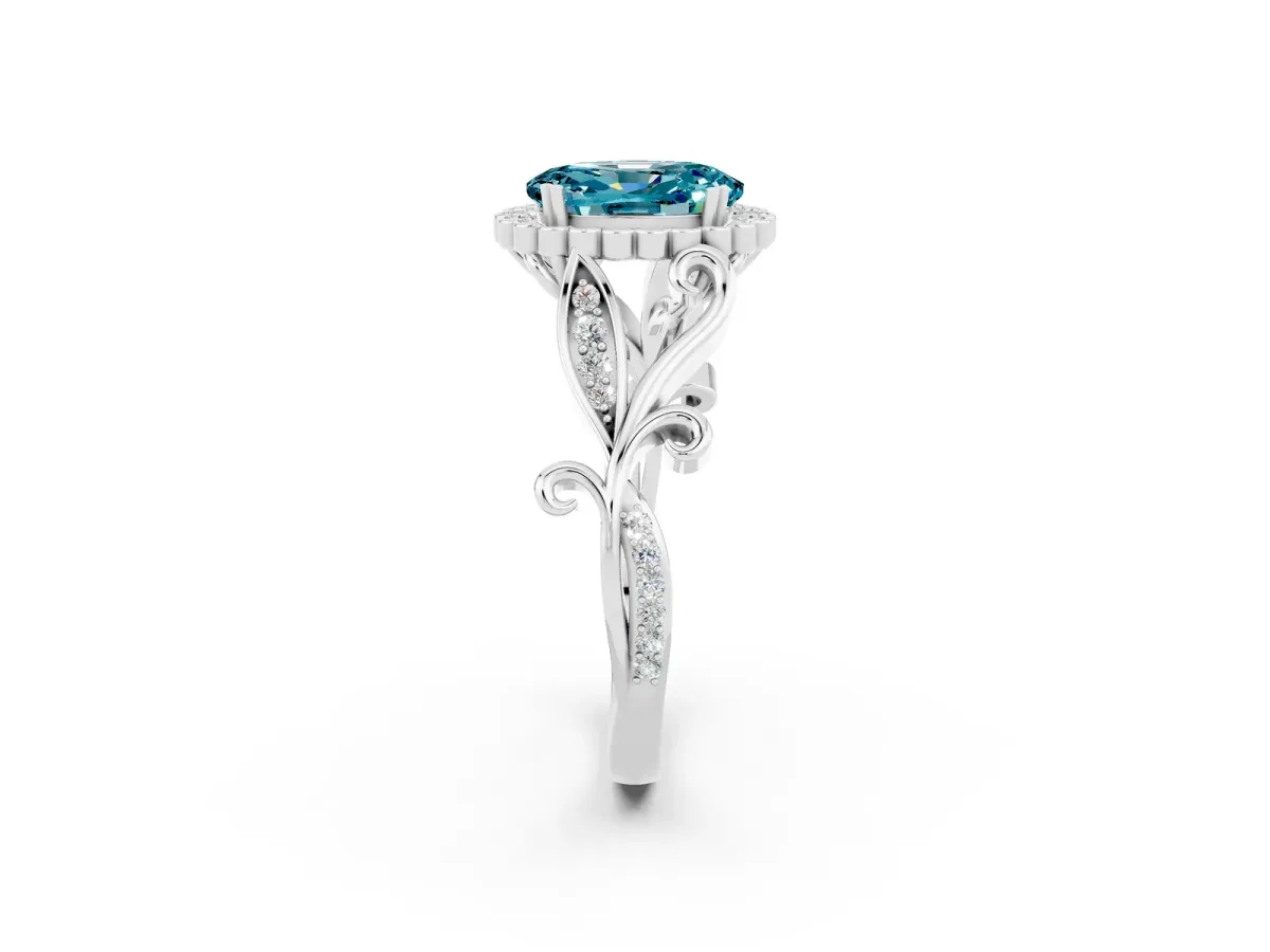 Oval Cut Blue Topaz Halo Ring with Vintage Split Shank and Four-Prong Setting Silver