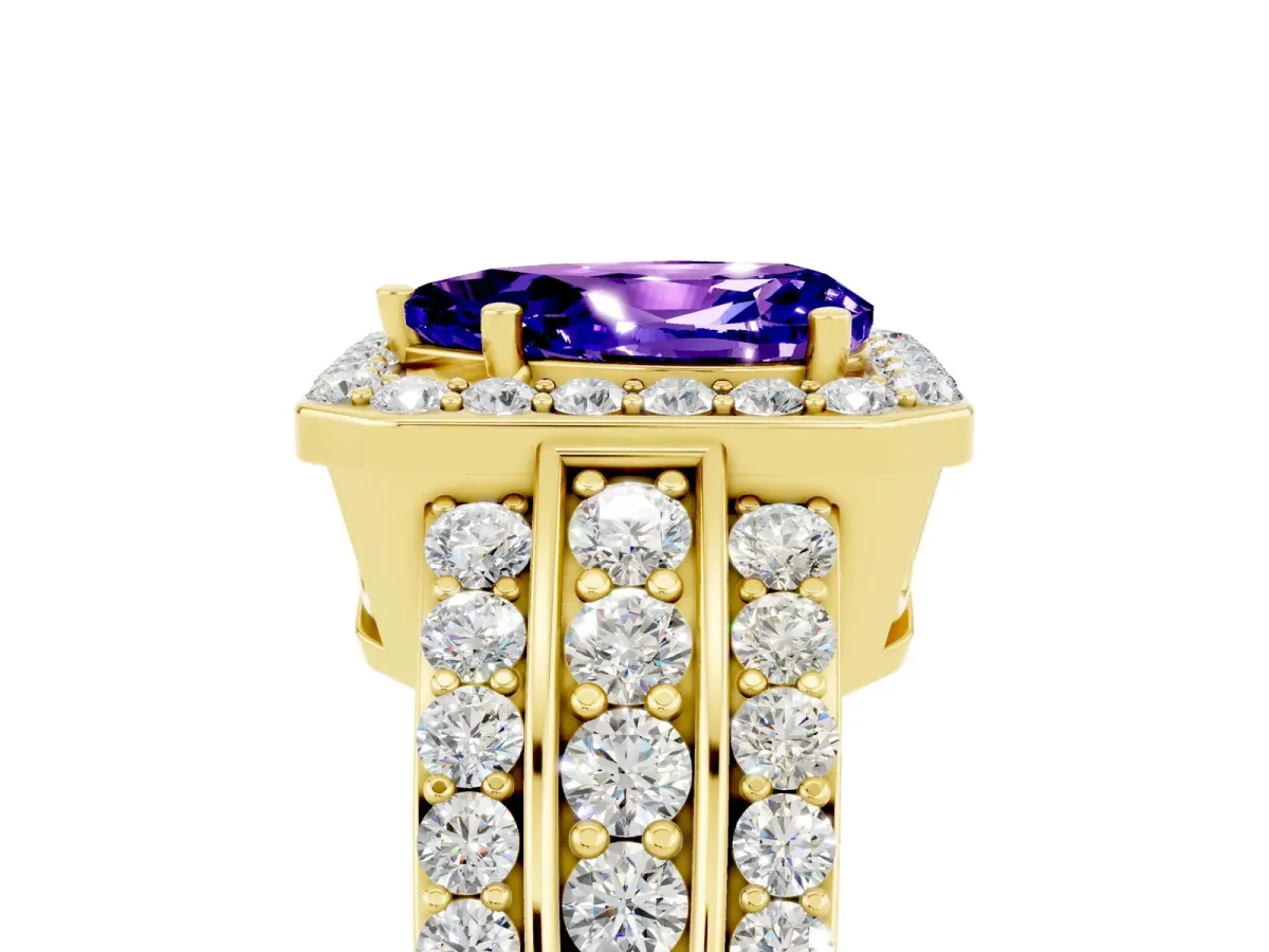 Pear Cut Halo Tanzanite Ring with Round Split Shank and Prong Setting Yellow gold