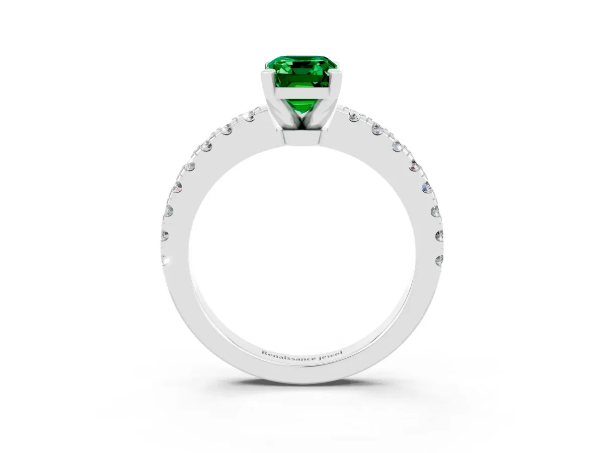 Emerald Cut Solitaire Emerald with Pavé Band and Four-Prong Setting Silver
