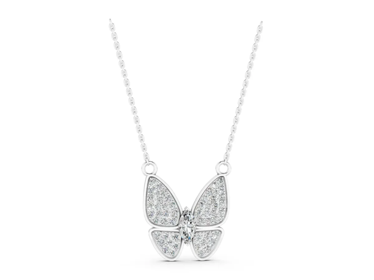 Pavé Oval Prong Butterfly Pendant Silver