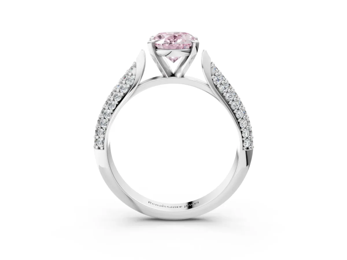 Fancy Pink Oval Cut Diamond Solitaire Engagement Ring with Multi-Row Round Pavé Band and Prong Setting Silver