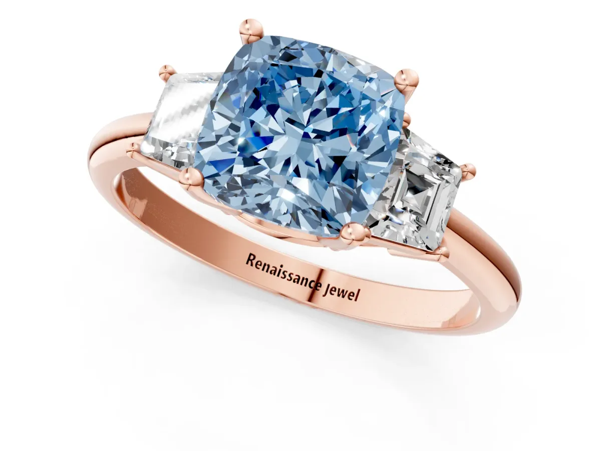 Fancy Blue Cushion Cut Diamond Three-Stone Ring with Trapezoid Side Stones and Prong Setting Rose gold