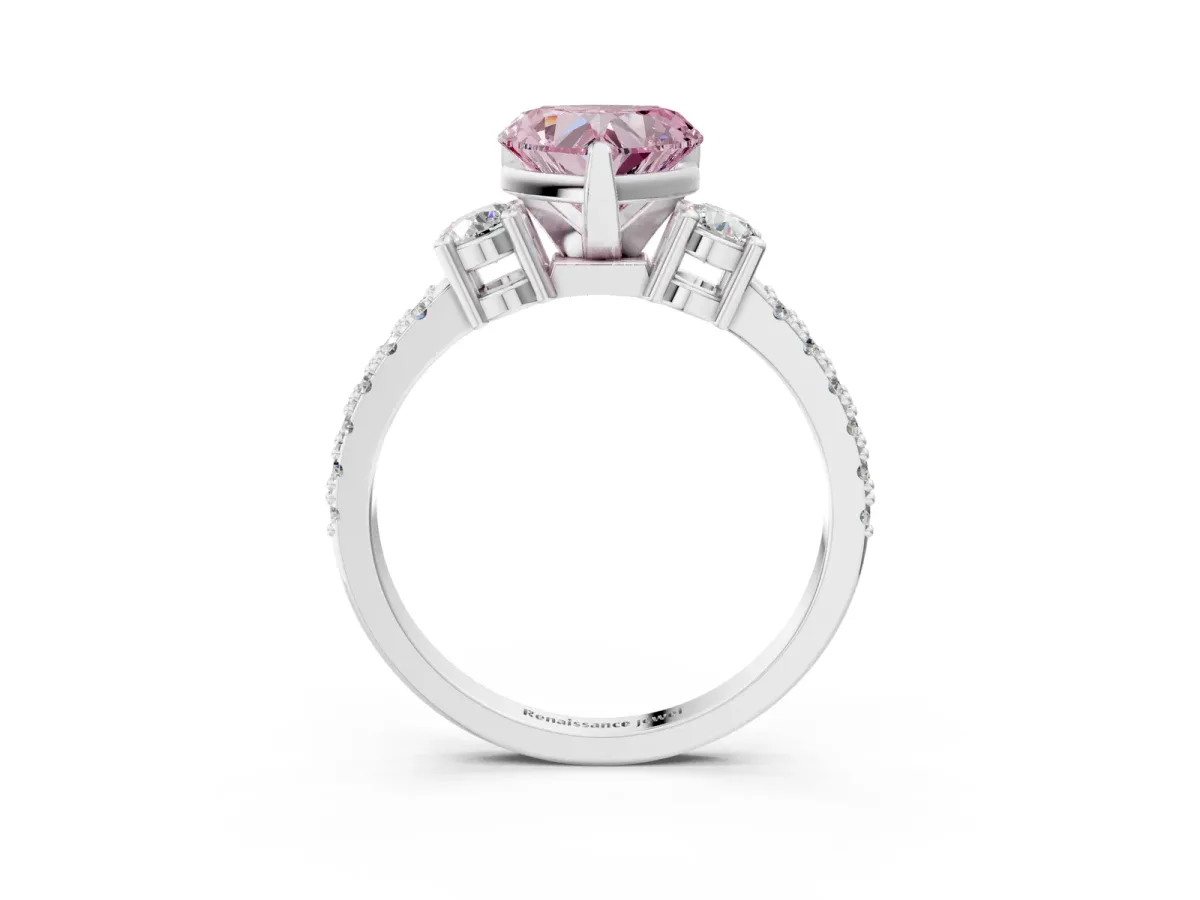 Fancy Pink Heart Cut Cut Three-Stone Diamond Pavé Band with Prong Setting Platinum