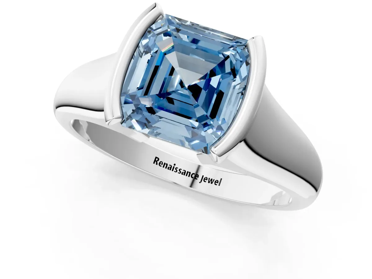 Fancy Blue Asscher Cut Solitaire Tension Set Diamond Ring with Split Shank Band Platinum