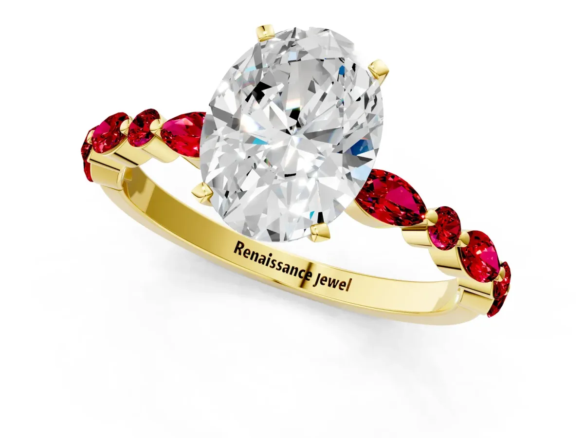 Oval Cut Diamond Ring with Marquise and Round Ruby Side Stones and Four-Prong Setting Yellow gold
