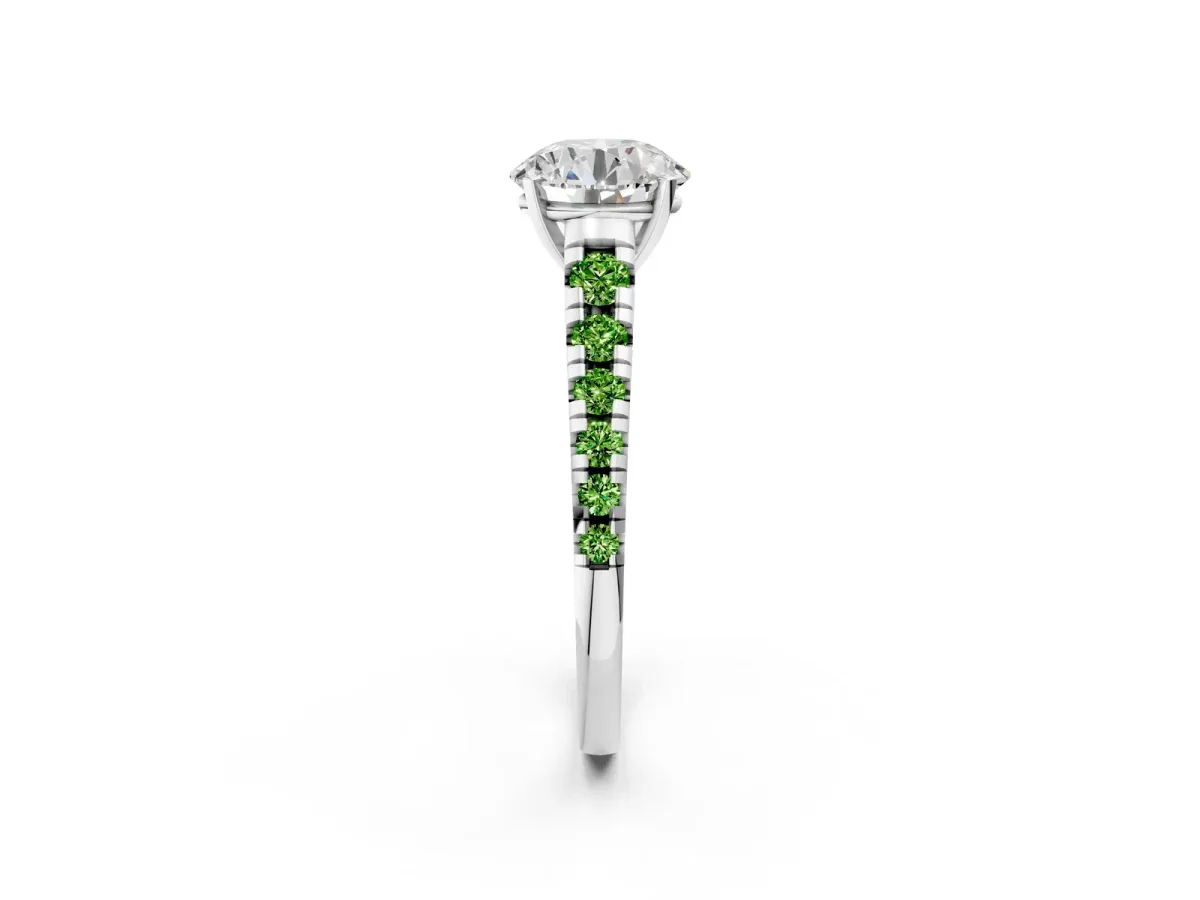 Round Cut Diamond Cathedral Solitaire Ring with Round Peridot Pavé Band Platinum