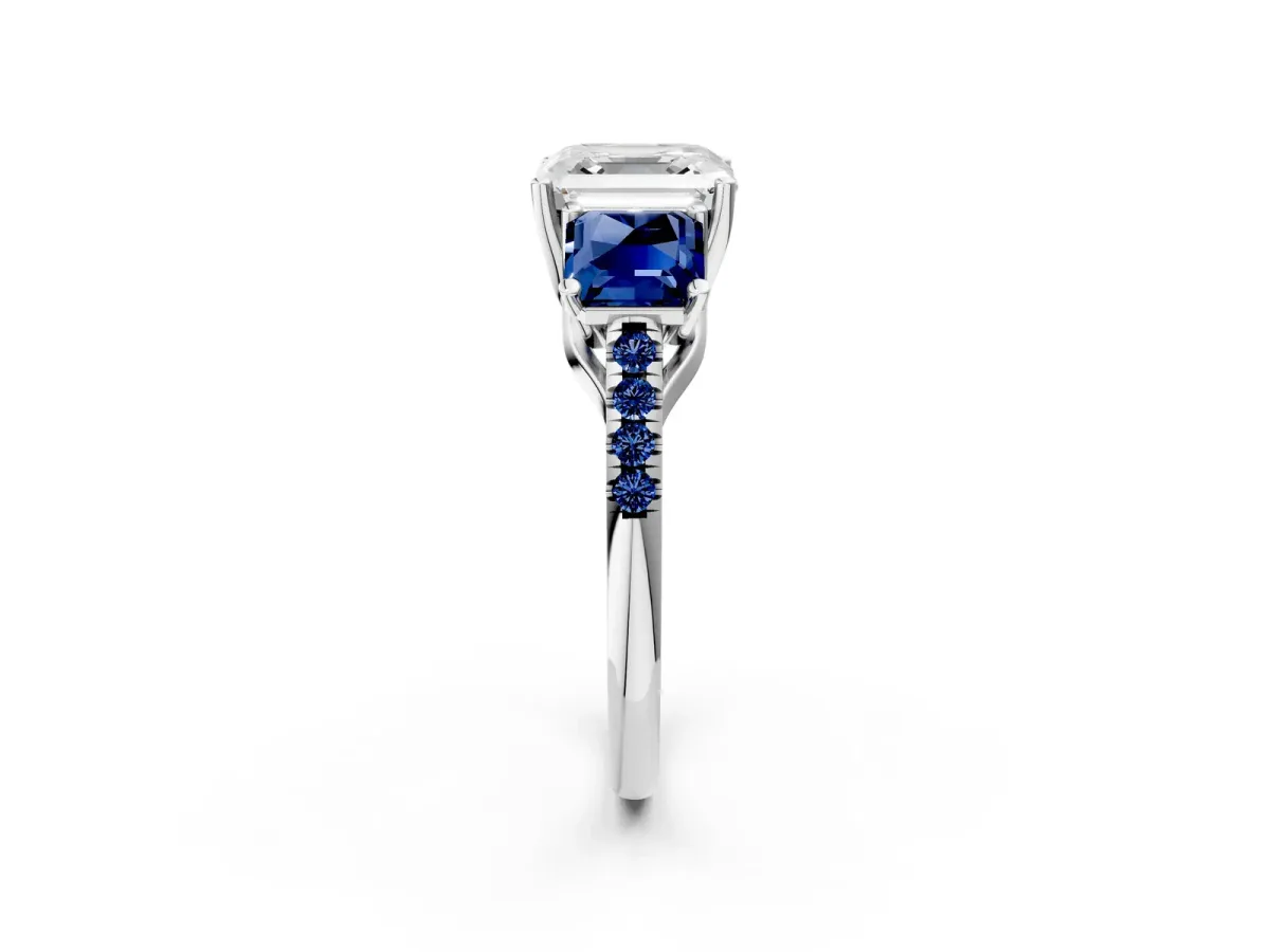 Three-Stone Asscher Cut Diamond Ring with Round Blue Sapphire Pavé Band and Prong Setting Silver