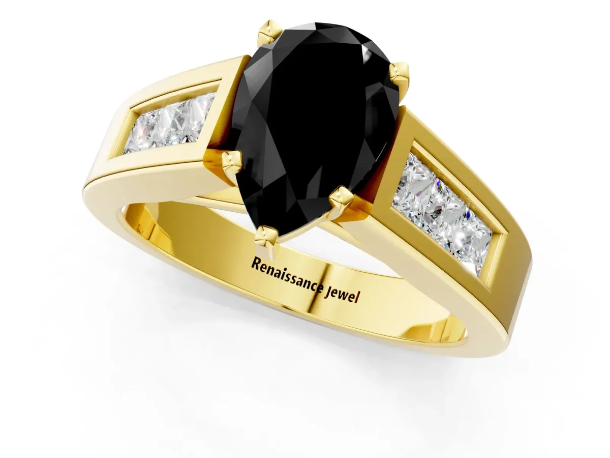 Fancy Black Pear Cut Cut Channel Set Solitaire Ring with Four-Prong Setting Yellow gold
