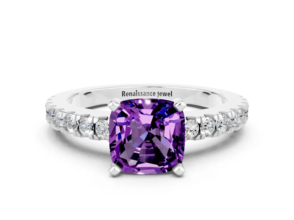 Cushion Cut Solitaire Amethyst with Pavé Band and Four-Prong Setting Silver