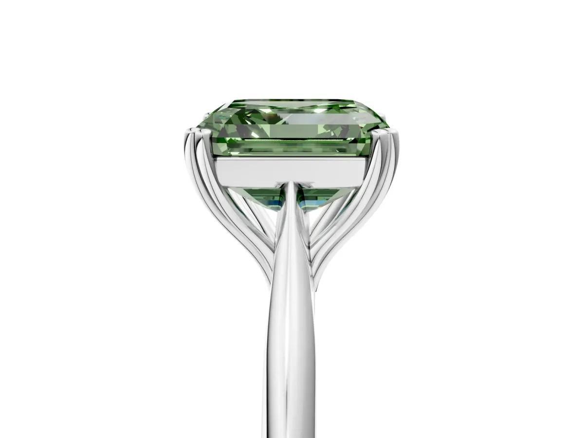 Fancy Green Asscher Cut Solitaire Diamond Ring with Six-Prong Setting and Classic Band Platinum