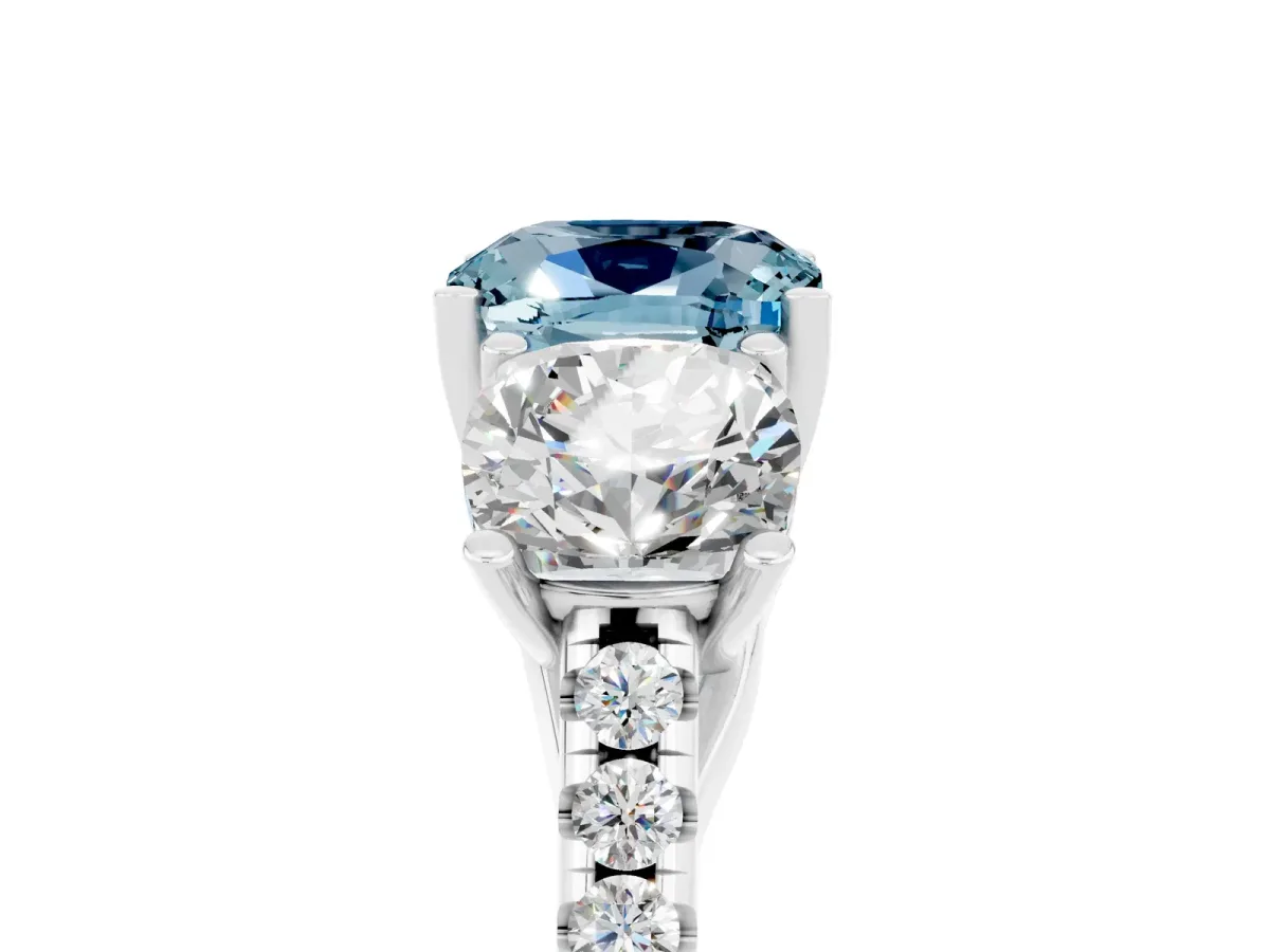 Three-Stone Cushion Cut Aquamarine Ring with Round Pavé Band and Prong Setting Silver