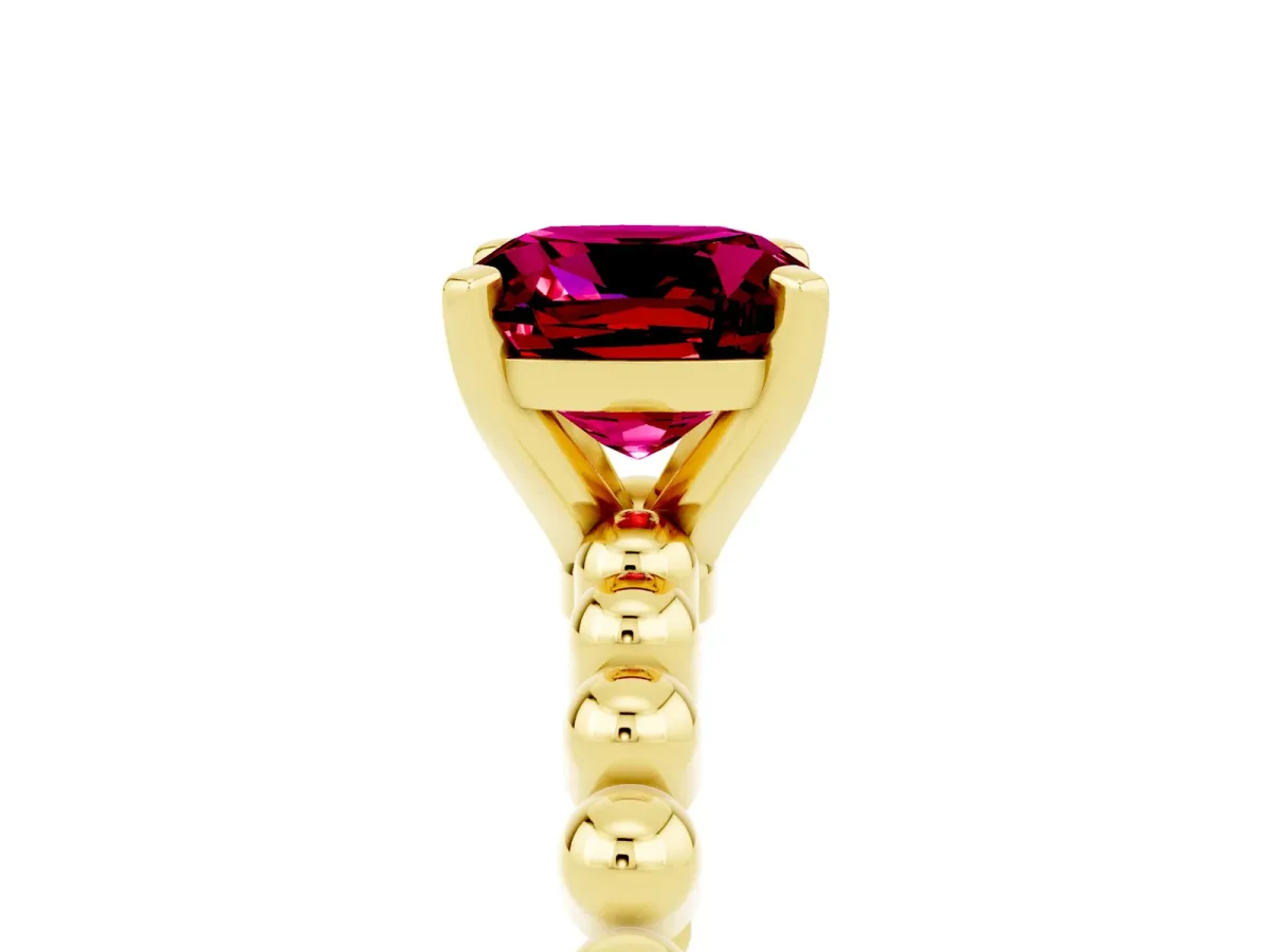 Cushion Cut Garnet Solitaire Ring with Beaded Band and Prong Setting Yellow gold