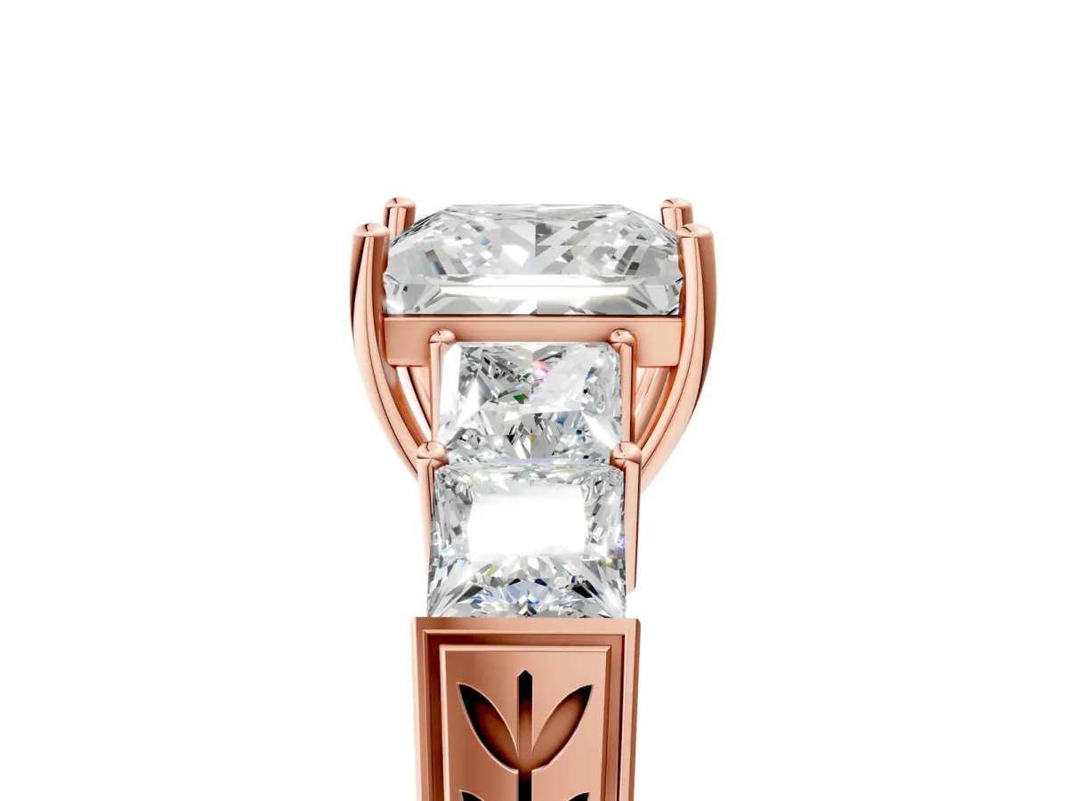 Princess Cut Solitaire Princess Side Stone Engraved Band Prong Setting Ring Rose gold
