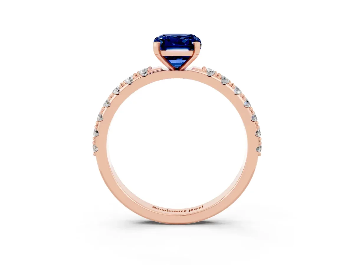 Emerald Cut Blue Sapphire Solitaire Pavé Band with Four-Prong Setting Rose gold