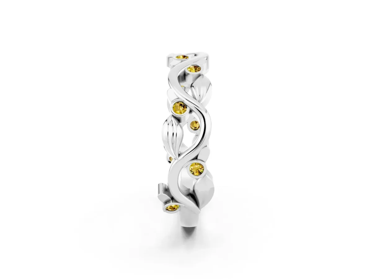 Round Yellow Sapphire Leaf Eternity Band with Bezel Setting White gold