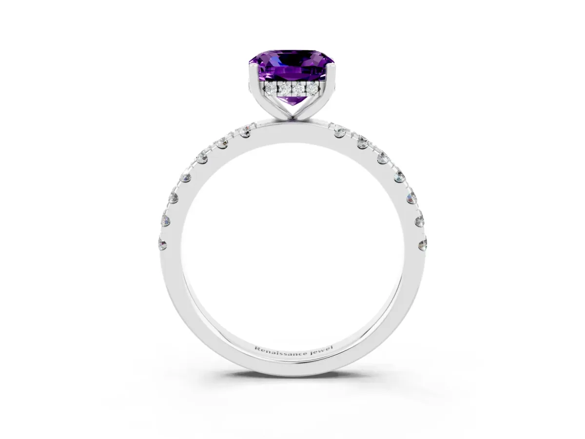 Cushion Cut Amethyst Pave Band Solitaire Ring with Round and Prong Setting Platinum