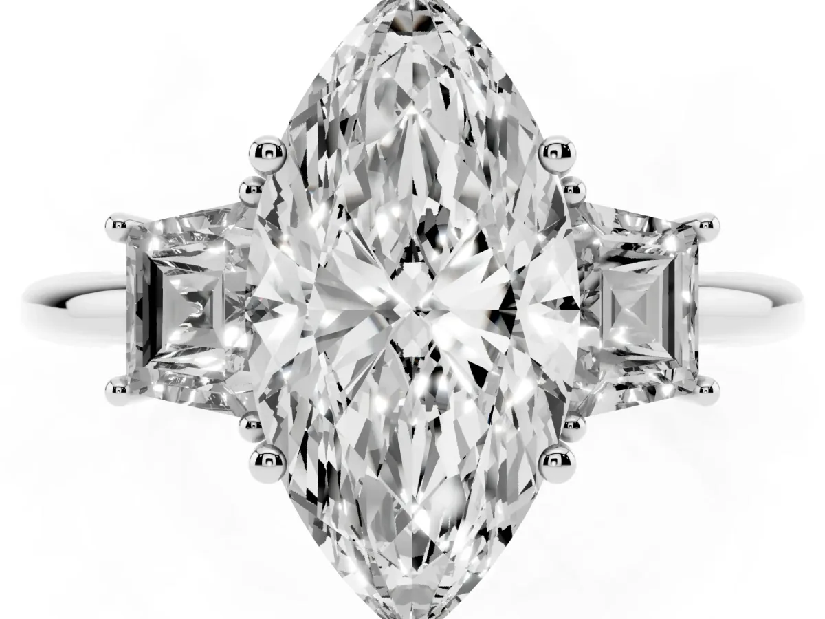 Marquise Cut Diamond Three-Stone Ring with Trapezoid Side Stones and Prong Setting Silver