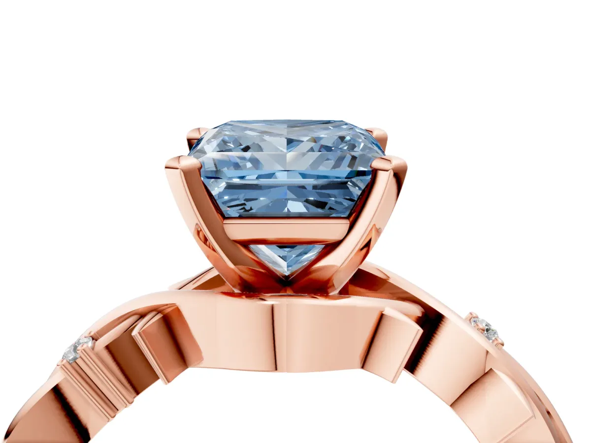 Fancy Blue Princess Cut Diamond Solitaire Ring with Twisted Band and Prong Setting Rose gold