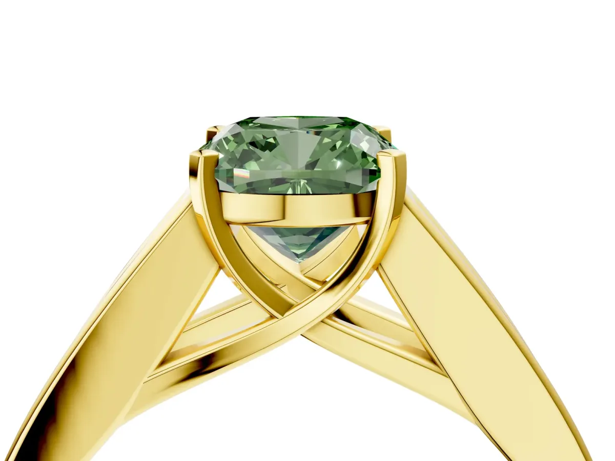 Fancy Green Cushion Cut Cut Channel Set Solitaire Ring with Four-Prong Setting Yellow gold