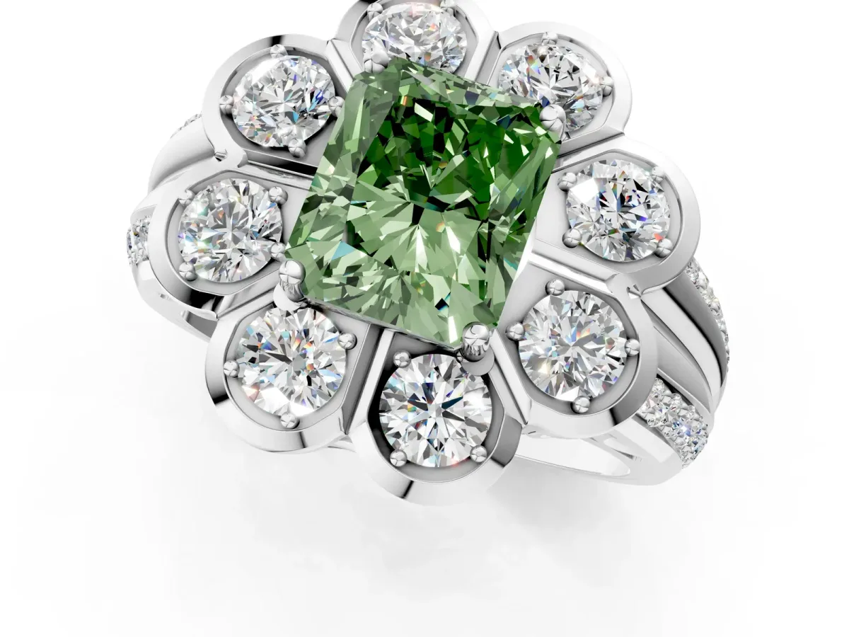 Fancy Green Radiant Cut Brilliant Flower Halo Diamond Split Shank Ring Platinum