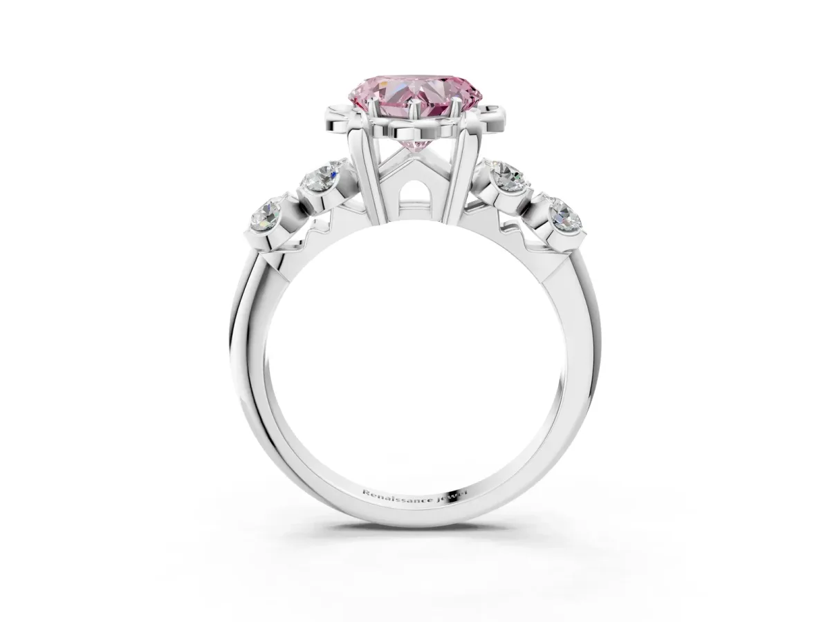 Fancy Pink Heart Cut Cut Diamond Floral Halo Engagement Ring with Shared Prong Setting Silver