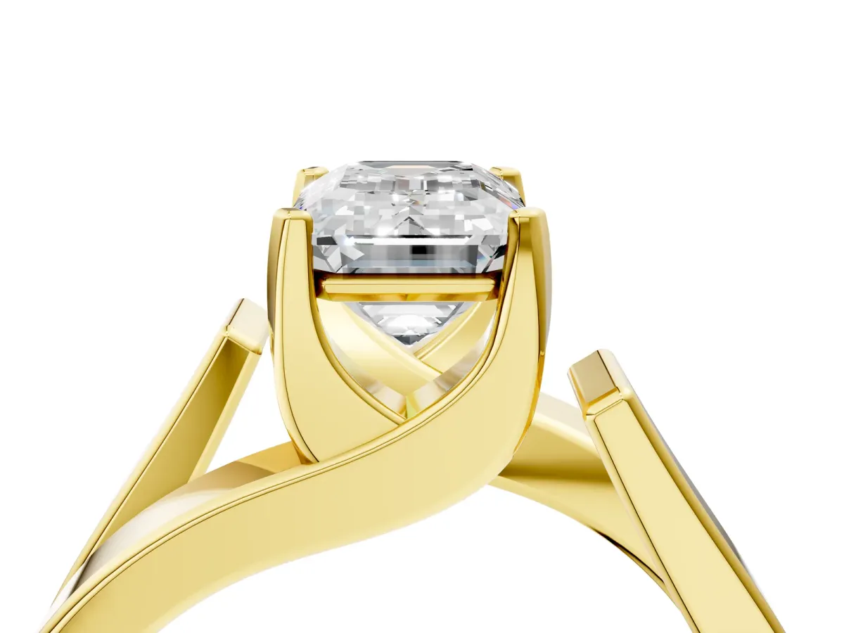 Modern Tension Set Emerald Cut Diamond Solitaire Wide Band Ring Yellow gold