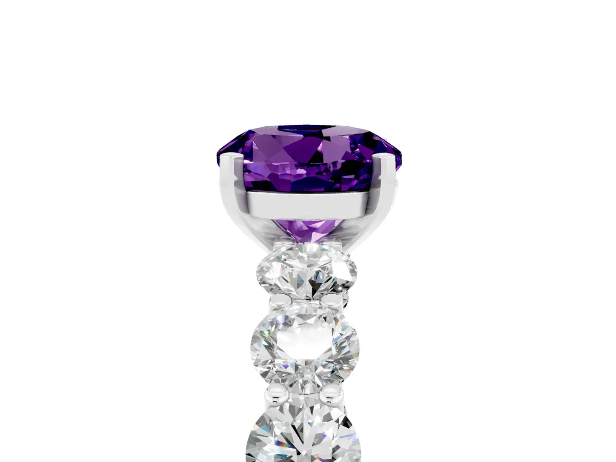 Round Cut Amethyst Prong Setting with Side Stones on a Pave Band Silver